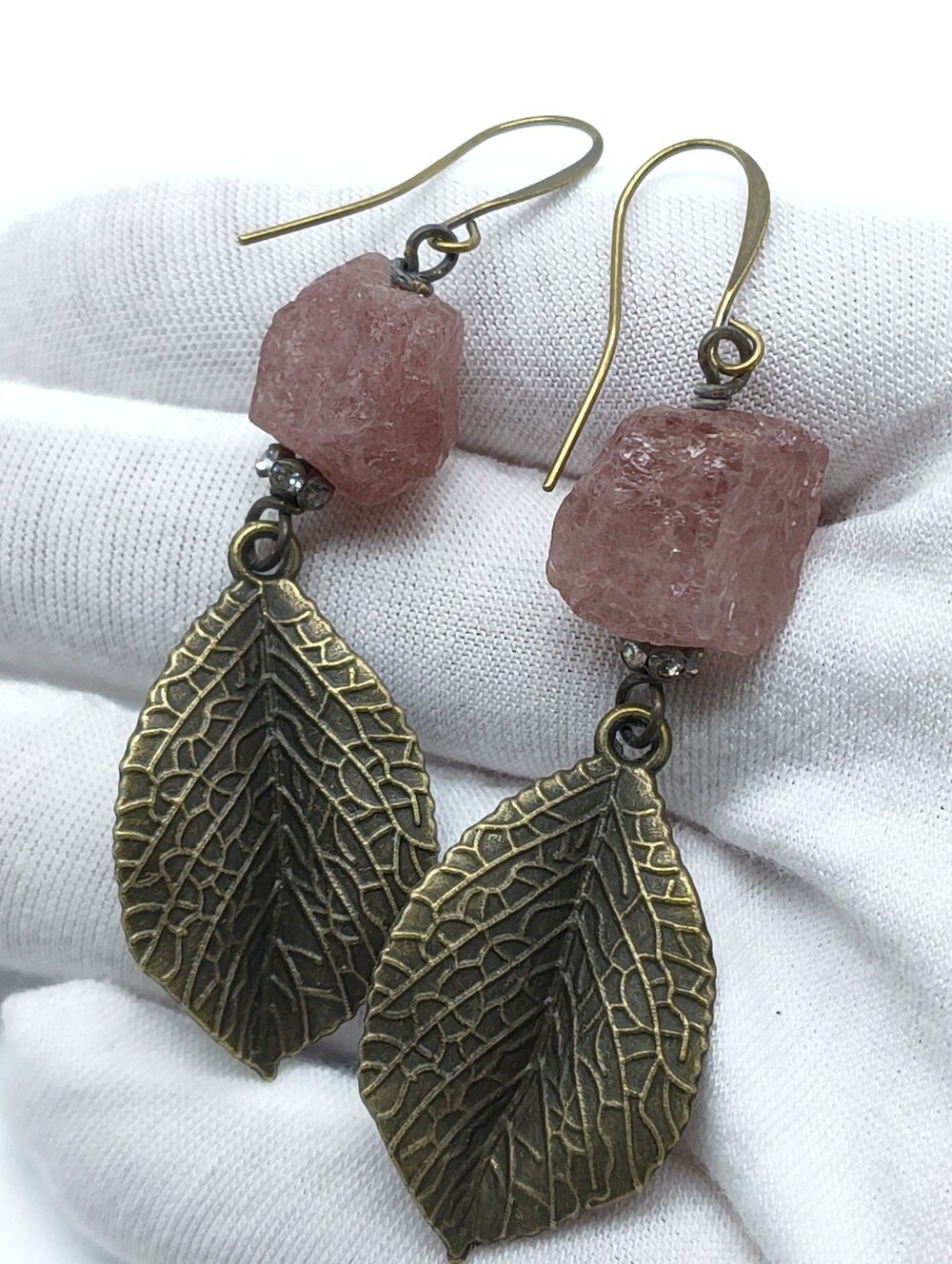 Natural Rough Cut Strawberry Quartz Nugget Leaf Drop Earrings